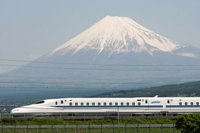 Bullet train passing Mt. Fuji